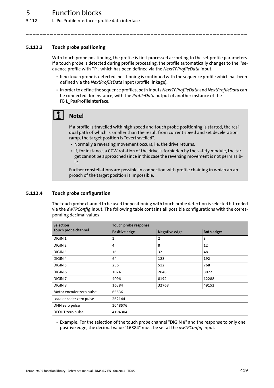 3 touch probe positioning, 4 touch probe configuration, Touch probe positioning | 5function blocks | Lenze E94A User Manual | Page 419 / 682