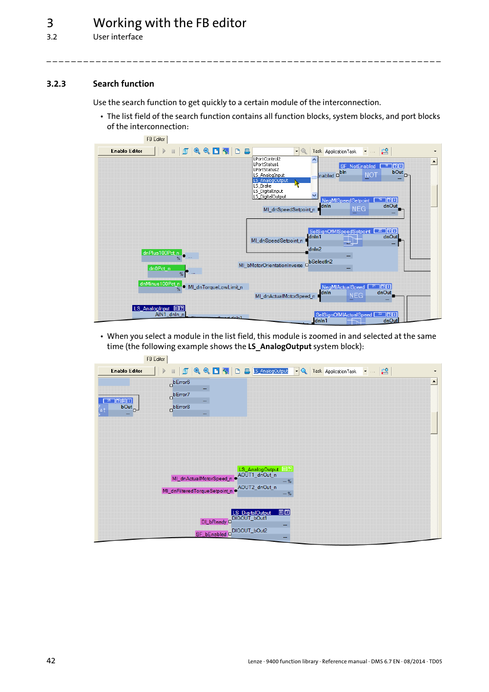 3 search function, Search function, Search function ( 42) | 3working with the fb editor | Lenze E94A User Manual | Page 42 / 682