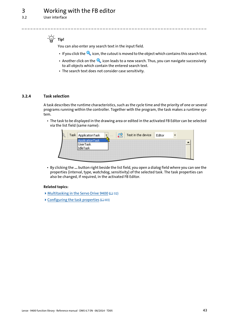 4 task selection, Task selection, 3working with the fb editor | Lenze E94A User Manual | Page 43 / 682