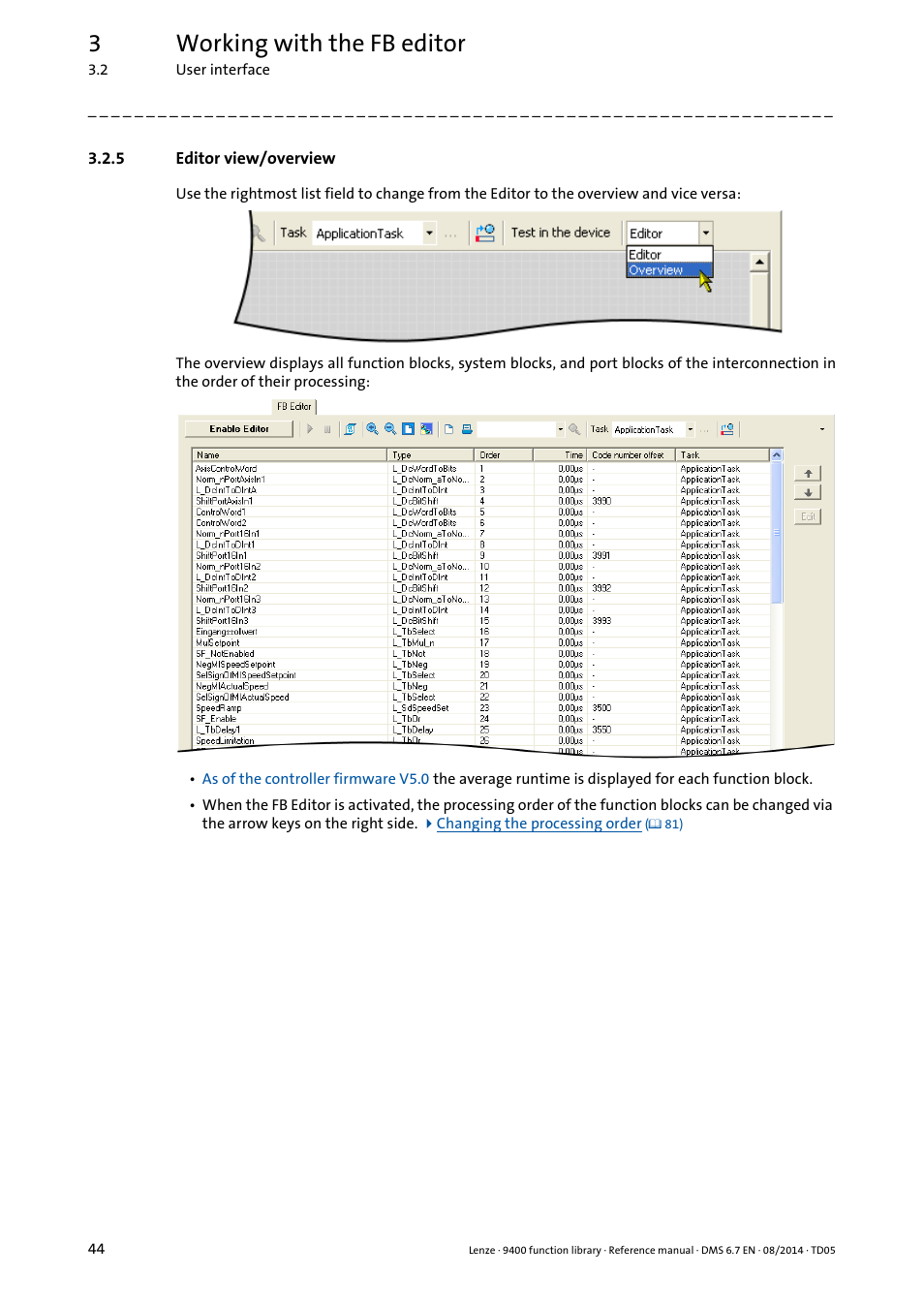 5 editor view/overview, Editor view/overview, 3working with the fb editor | Lenze E94A User Manual | Page 44 / 682