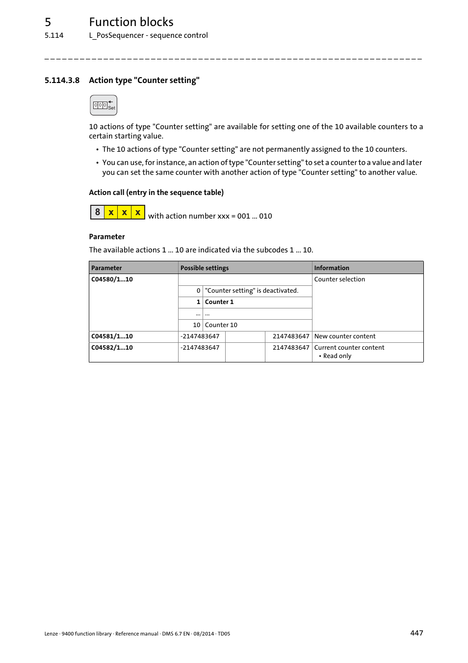 8 action type "counter setting, 5function blocks, 8 x x x | Lenze E94A User Manual | Page 447 / 682