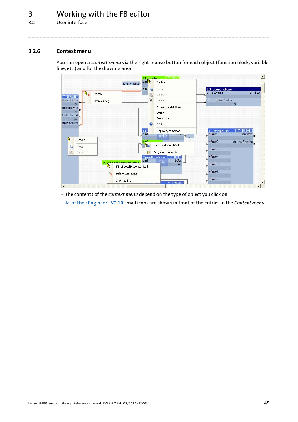 6 context menu, Context menu, 3working with the fb editor | Lenze E94A User Manual | Page 45 / 682