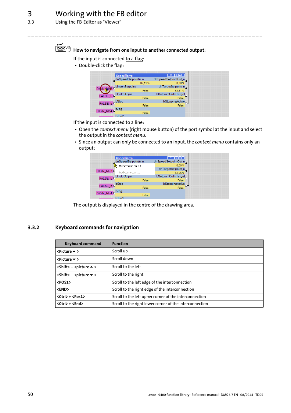 2 keyboard commands for navigation, Keyboard commands for navigation, 3working with the fb editor | Lenze E94A User Manual | Page 50 / 682