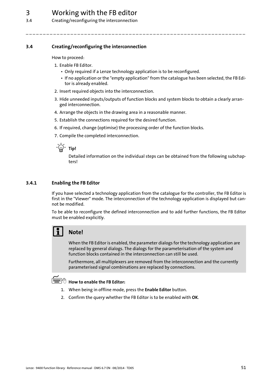 4 creating/reconfiguring the interconnection, 1 enabling the fb editor, Creating/reconfiguring the interconnection | Enabling the fb editor, 3working with the fb editor | Lenze E94A User Manual | Page 51 / 682