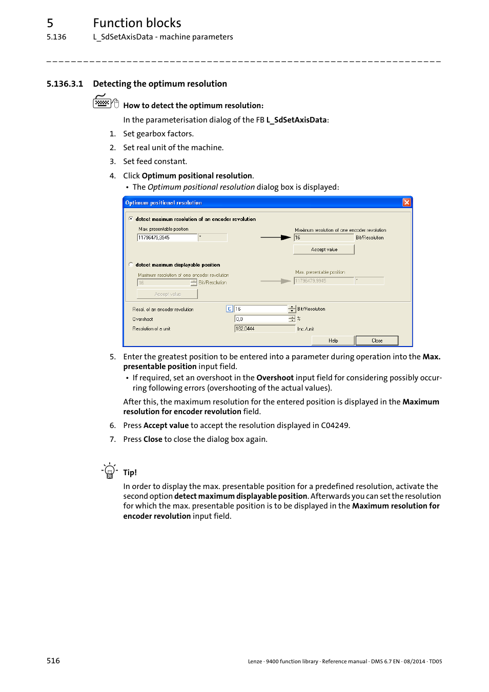 1 detecting the optimum resolution, Pter, Detecting the optimum resolution | 5function blocks | Lenze E94A User Manual | Page 516 / 682