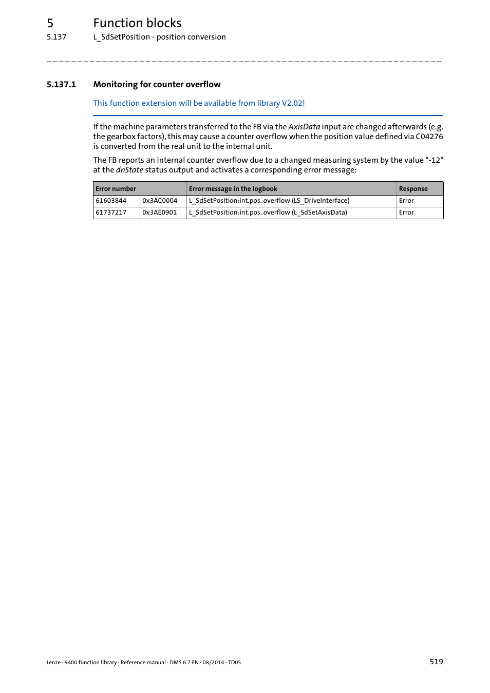 1 monitoring for counter overflow, Monitoring for counter overflow ( 519), 5function blocks | Lenze E94A User Manual | Page 519 / 682