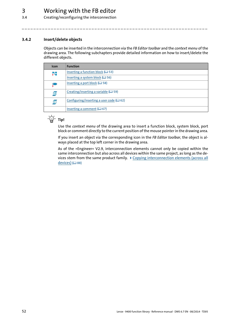 2 insert/delete objects, Insert/delete objects, 3working with the fb editor | Lenze E94A User Manual | Page 52 / 682