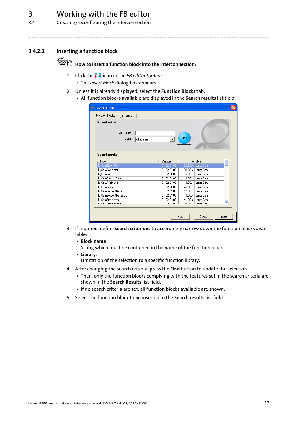 1 inserting a function block, Inserting a function block, Inserting a function block ( 53) | 3working with the fb editor | Lenze E94A User Manual | Page 53 / 682