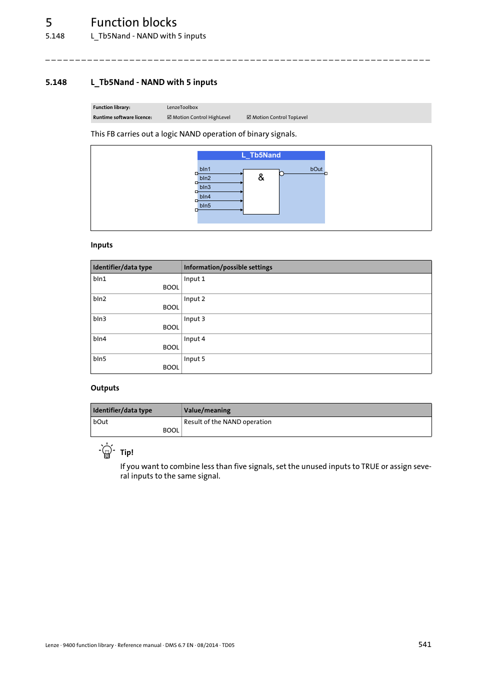 148 l_tb5nand - nand with 5 inputs, L_tb5nand, 5function blocks | Lenze E94A User Manual | Page 541 / 682