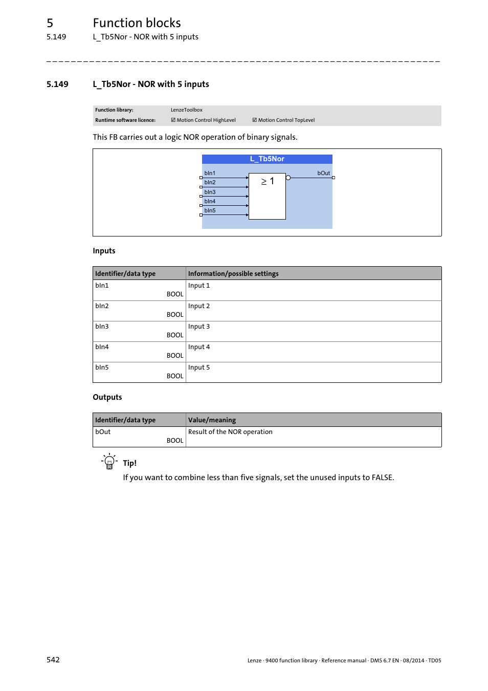 149 l_tb5nor - nor with 5 inputs, L_tb5nor, 5function blocks | Lenze E94A User Manual | Page 542 / 682