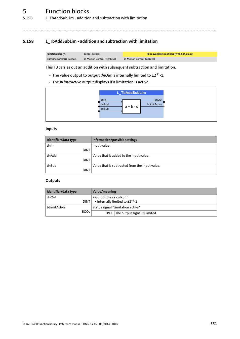 L_tbaddsublim, 5function blocks | Lenze E94A User Manual | Page 551 / 682