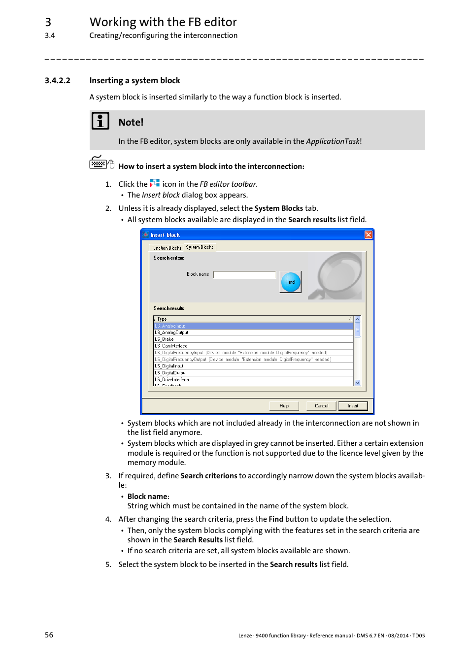 2 inserting a system block, Inserting a system block, Inserting a system block ( 56) | 3working with the fb editor | Lenze E94A User Manual | Page 56 / 682