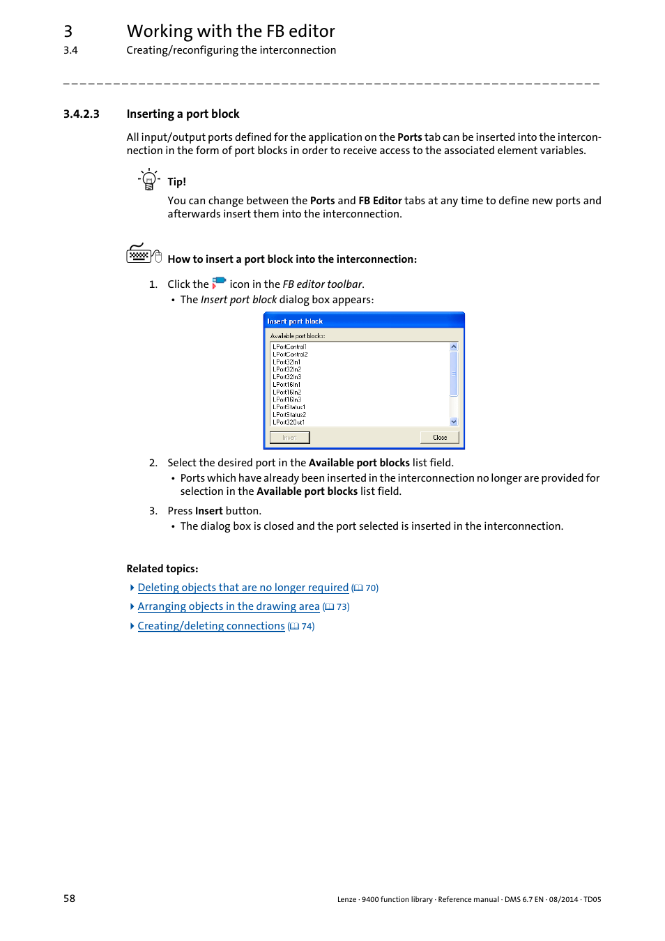 3 inserting a port block, Inserting a port block, Inserting a port block ( 58) | 3working with the fb editor | Lenze E94A User Manual | Page 58 / 682