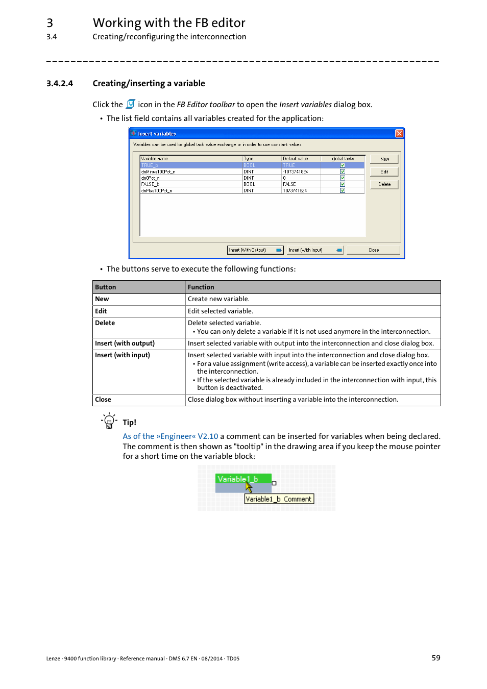 4 creating/inserting a variable, Creating/inserting a variable, Creating/inserting a variable ( 59) | 3working with the fb editor | Lenze E94A User Manual | Page 59 / 682
