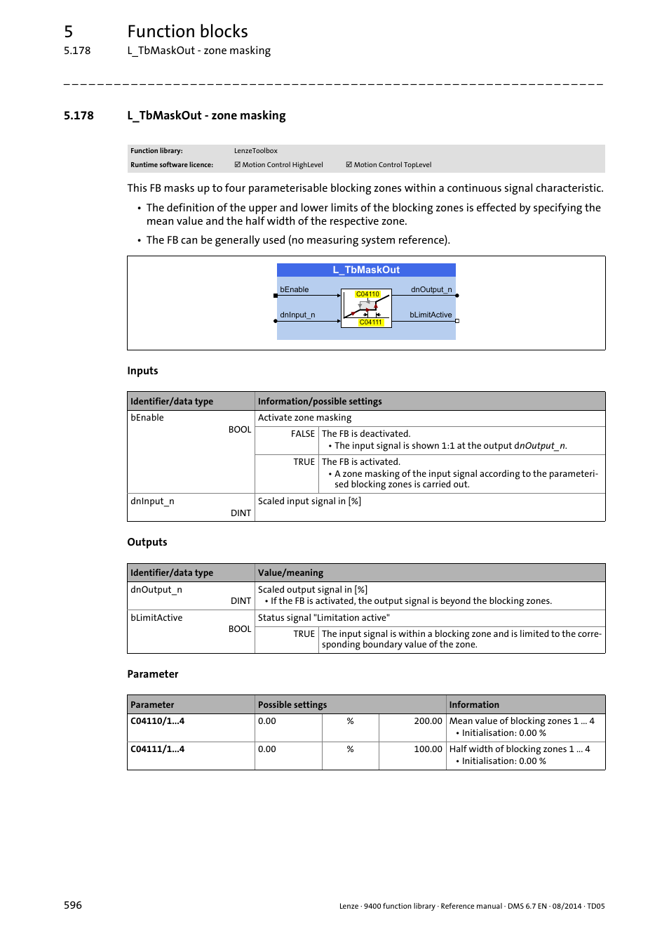178 l_tbmaskout - zone masking, L_tbmaskout, 5function blocks | Lenze E94A User Manual | Page 596 / 682