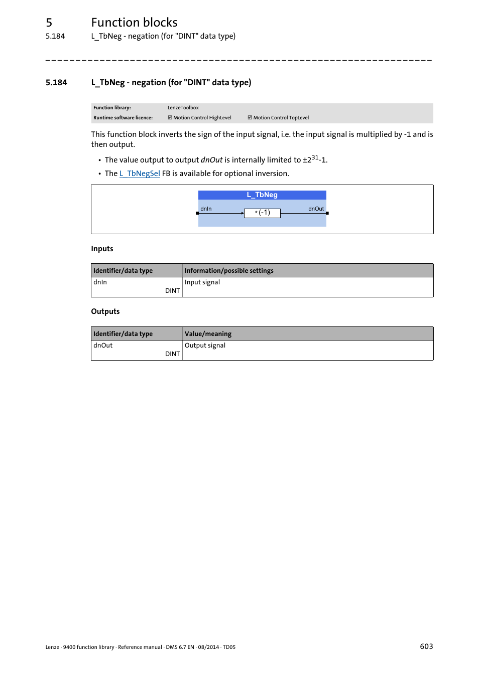 184 l_tbneg - negation (for "dint" data type), L_tbneg, Fb, this fb is o | 5function blocks | Lenze E94A User Manual | Page 603 / 682
