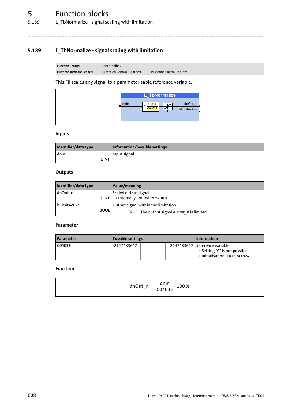 189 l_tbnormalize - signal scaling with limitation, L_tbnormalize, 5function blocks | Lenze E94A User Manual | Page 608 / 682