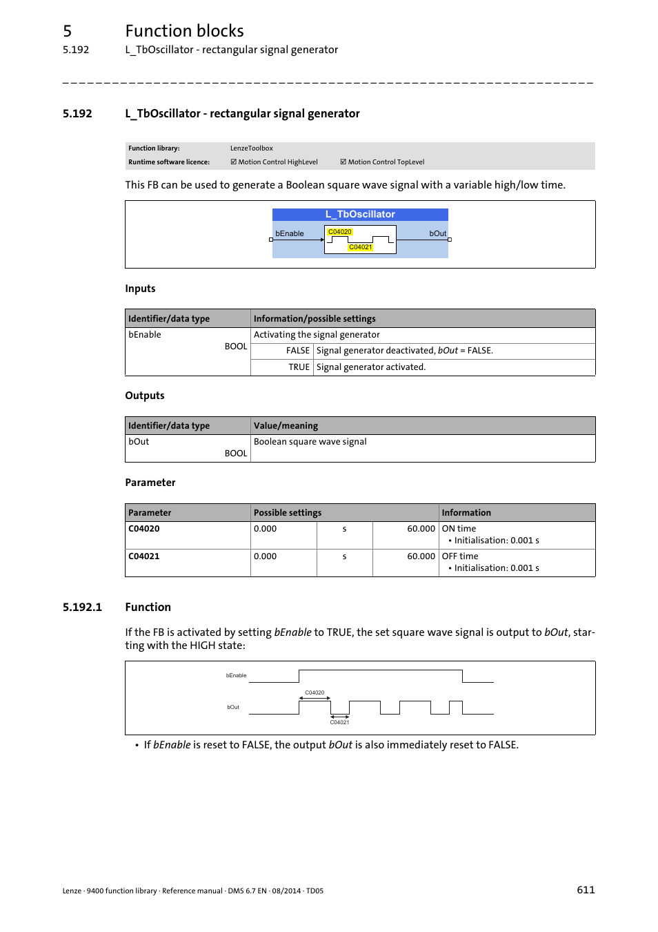 192 l_tboscillator - rectangular signal generator, 1 function, L_tboscillator | Instead to activate th, Instead to activate, 5function blocks | Lenze E94A User Manual | Page 611 / 682