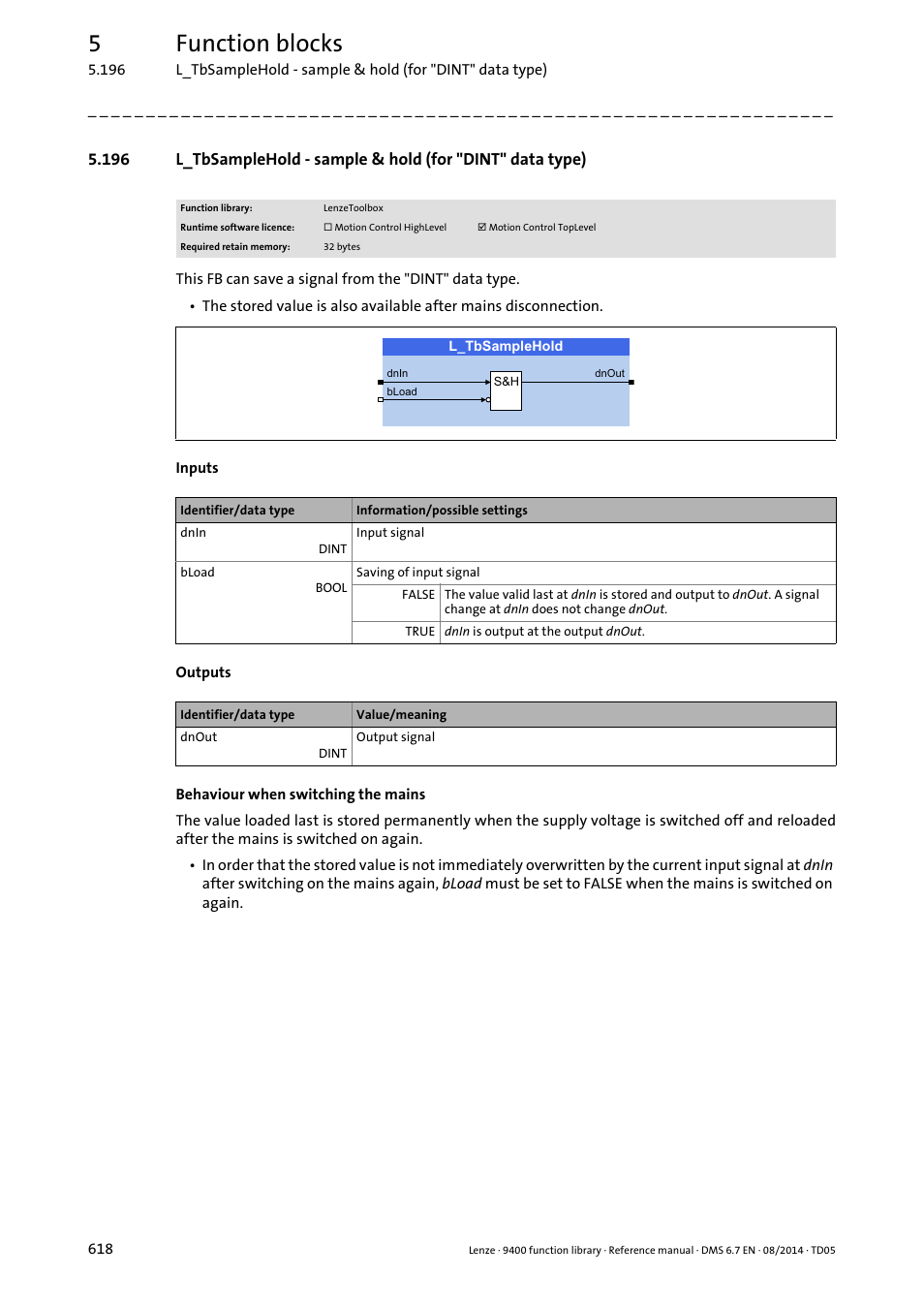 L_tbsamplehold, 5function blocks | Lenze E94A User Manual | Page 618 / 682
