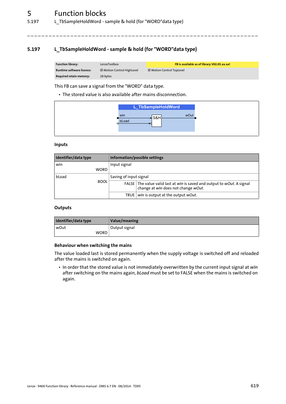 L_tbsampleholdword, 5function blocks | Lenze E94A User Manual | Page 619 / 682