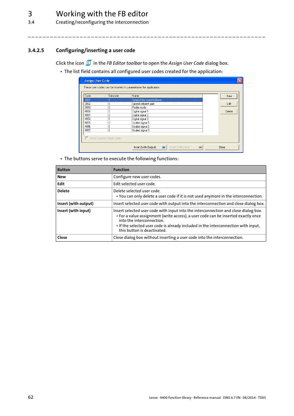 5 configuring/inserting a user code, Configuring/inserting a user code, Configuring/inserting a user code ( 62) | 3working with the fb editor | Lenze E94A User Manual | Page 62 / 682