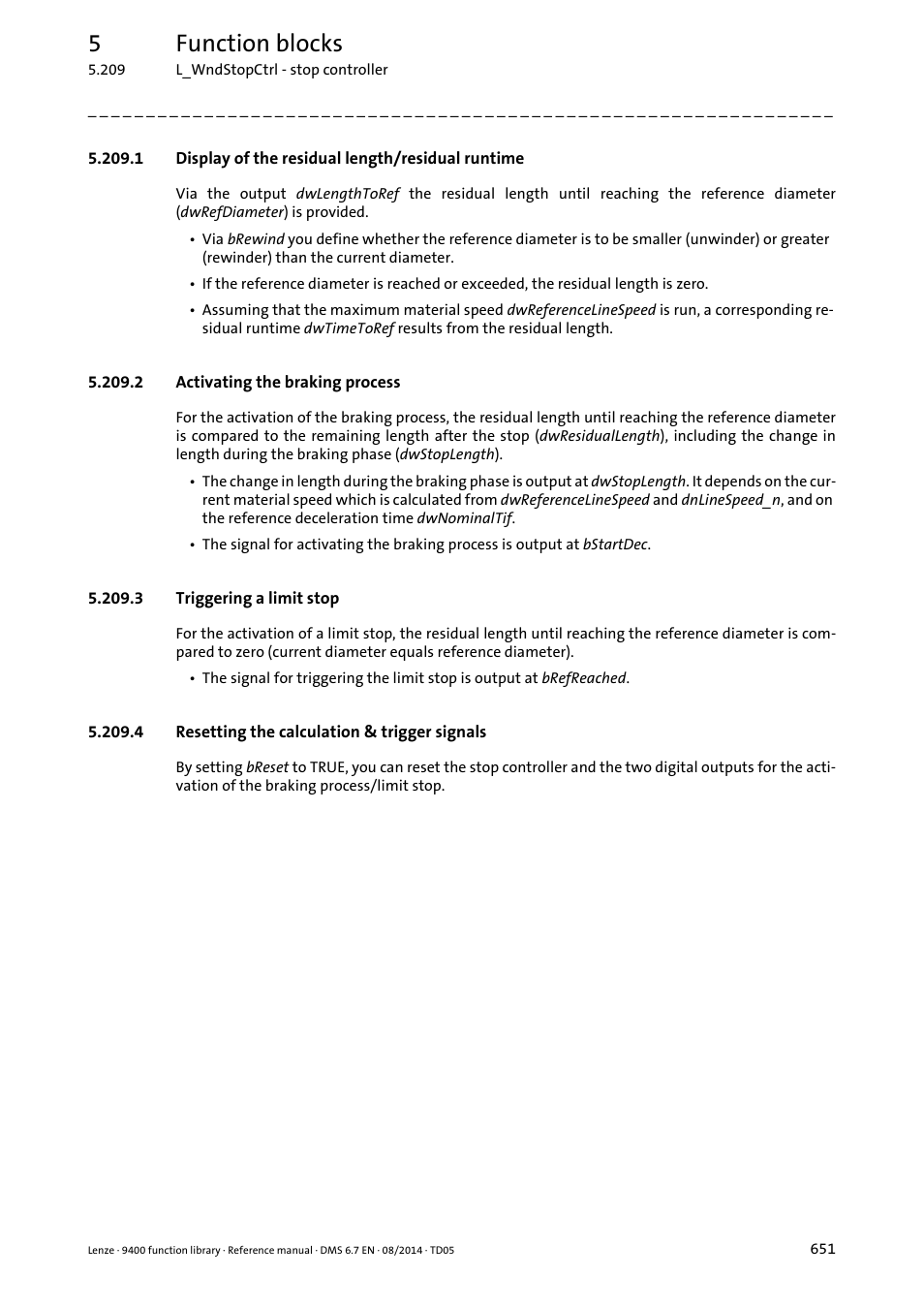 1 display of the residual length/residual runtime, 2 activating the braking process, 3 triggering a limit stop | 4 resetting the calculation & trigger signals, 5function blocks | Lenze E94A User Manual | Page 651 / 682