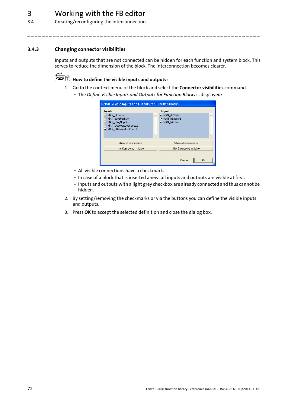 3 changing connector visibilities, Changing connector visibilities, Changing connector visibilities ( 72) | 3working with the fb editor | Lenze E94A User Manual | Page 72 / 682