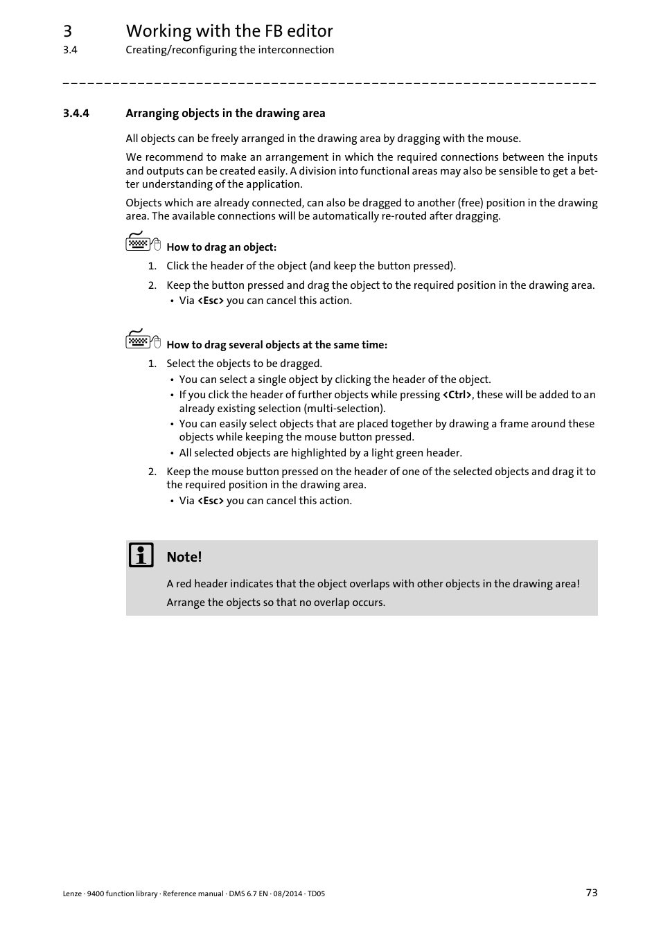 4 arranging objects in the drawing area, Arranging objects in the drawing area, 3working with the fb editor | Lenze E94A User Manual | Page 73 / 682
