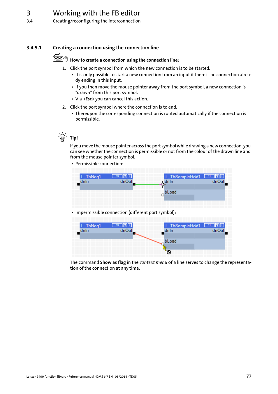 1 creating a connection using the connection line, Creating a connection using the connection line, 3working with the fb editor | Lenze E94A User Manual | Page 77 / 682