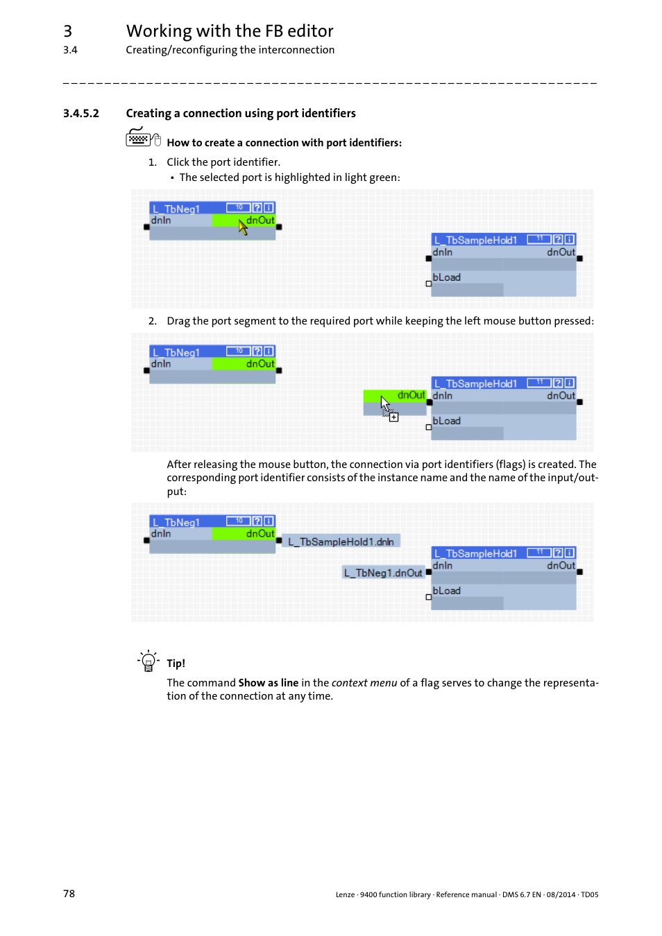 2 creating a connection using port identifiers, Creating a connection using port identifiers, 3working with the fb editor | Lenze E94A User Manual | Page 78 / 682
