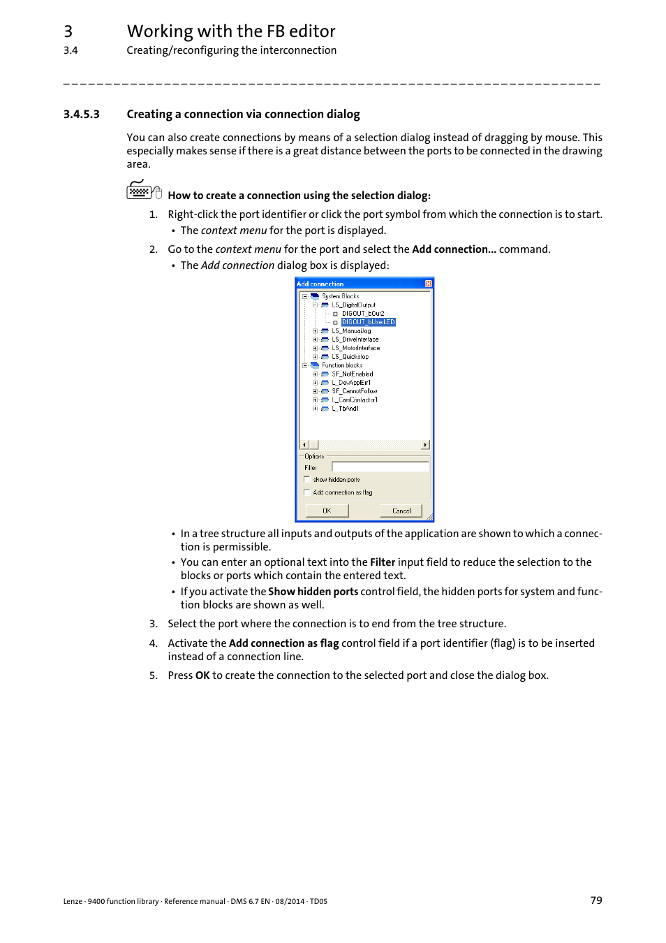 3 creating a connection via connection dialog, Creating a connection via connection dialog, 3working with the fb editor | Lenze E94A User Manual | Page 79 / 682