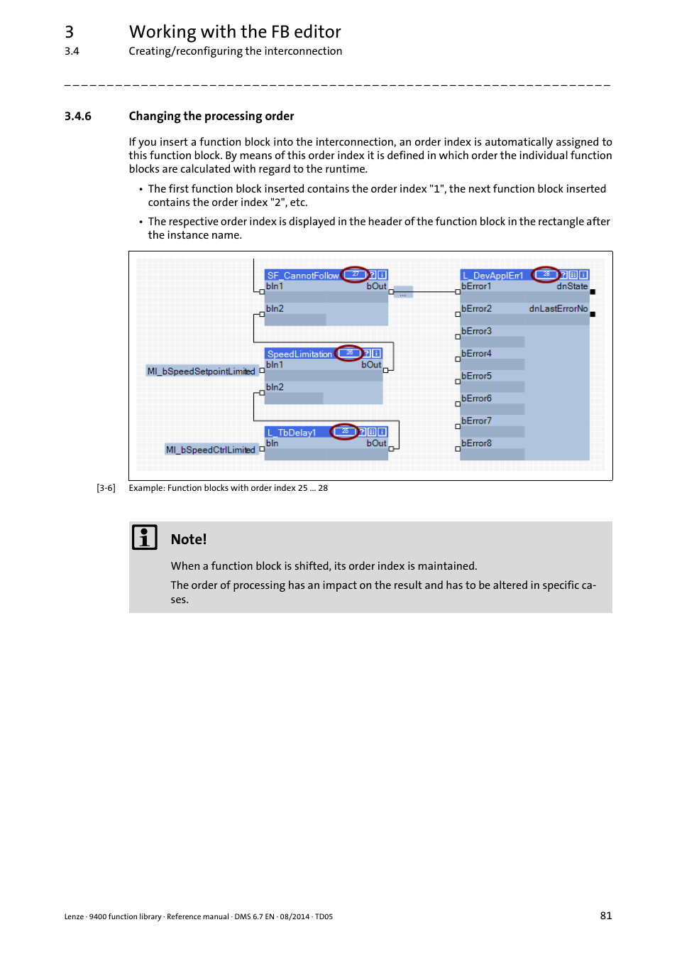 6 changing the processing order, Changing the processing order, Changing the processing order ( 81) | 3working with the fb editor | Lenze E94A User Manual | Page 81 / 682
