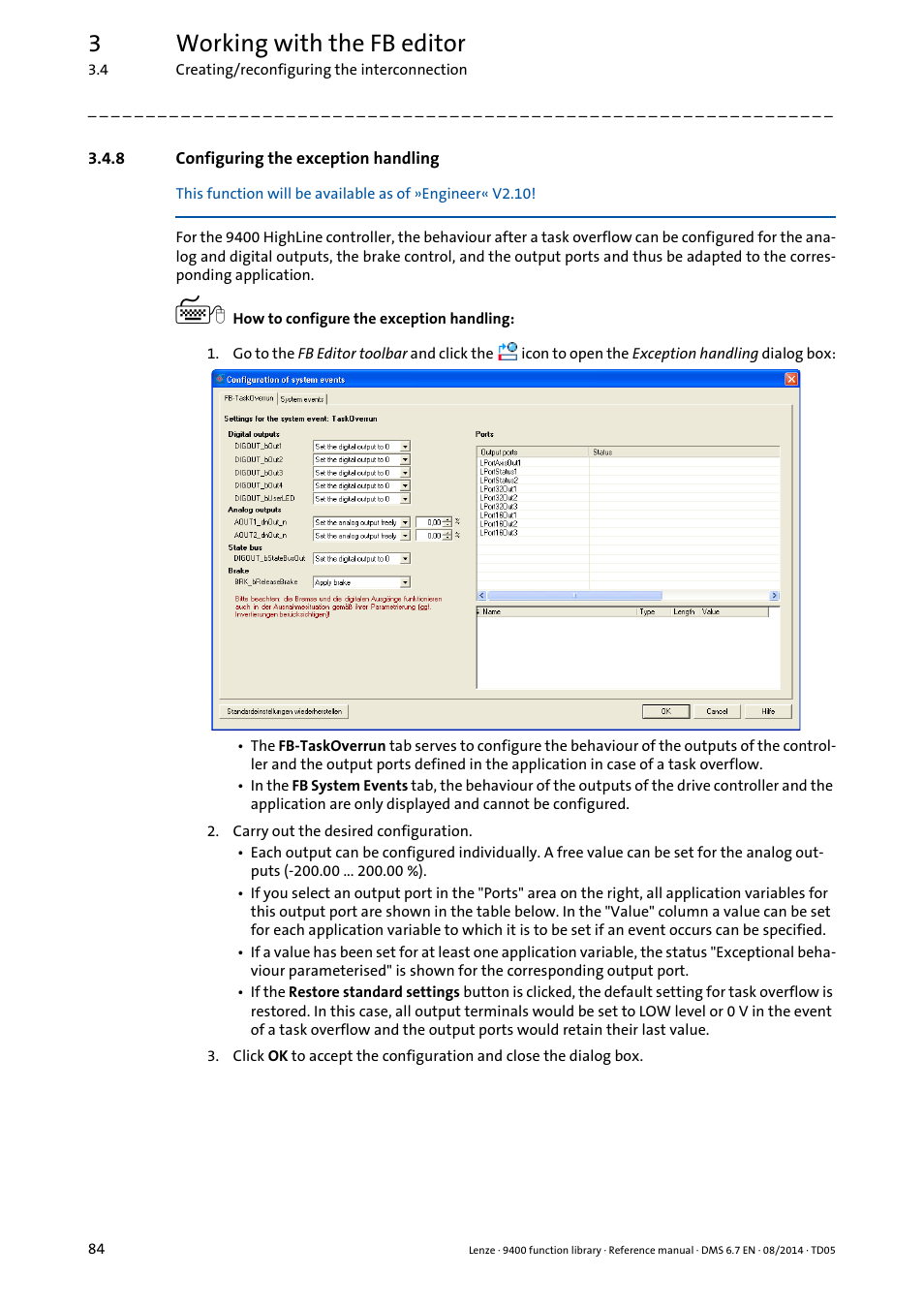 8 configuring the exception handling, Configuring the exception handling, Configuring the exception handling ( 84) | 3working with the fb editor | Lenze E94A User Manual | Page 84 / 682