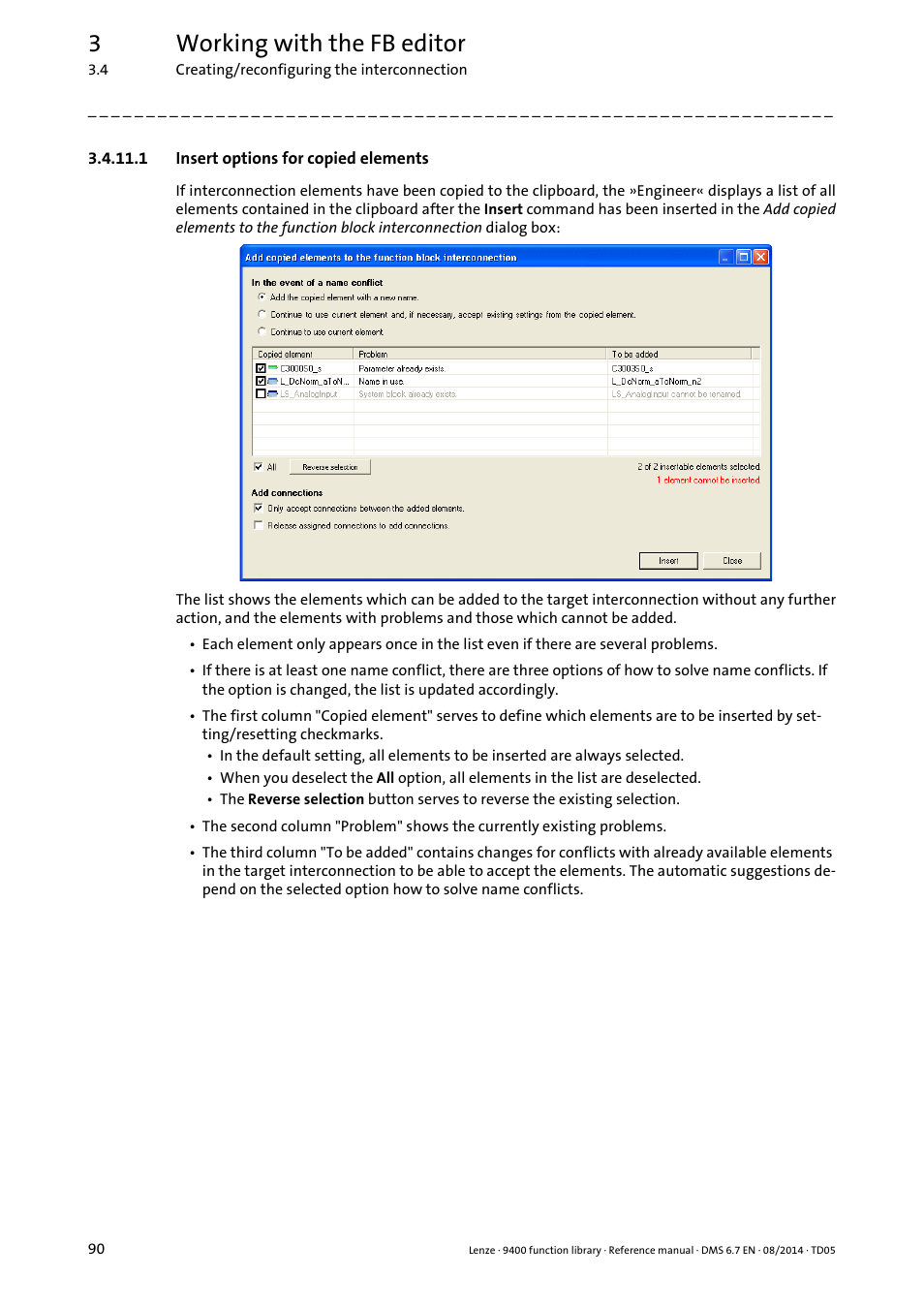 1 insert options for copied elements, Insert options for copied elements, 3working with the fb editor | Lenze E94A User Manual | Page 90 / 682