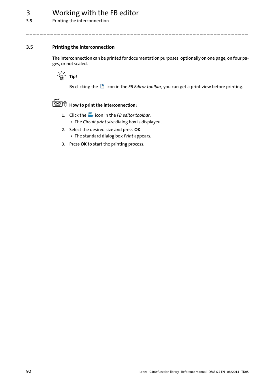 5 printing the interconnection, Printing the interconnection, Printing the interconnection ( 92) | 3working with the fb editor | Lenze E94A User Manual | Page 92 / 682