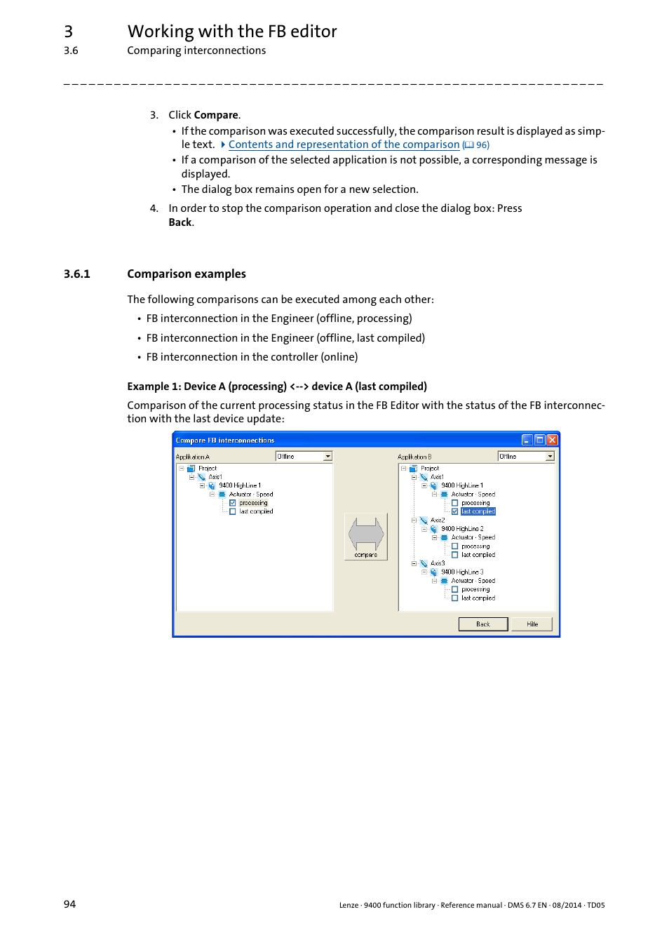 1 comparison examples, Comparison examples, 3working with the fb editor | Lenze E94A User Manual | Page 94 / 682