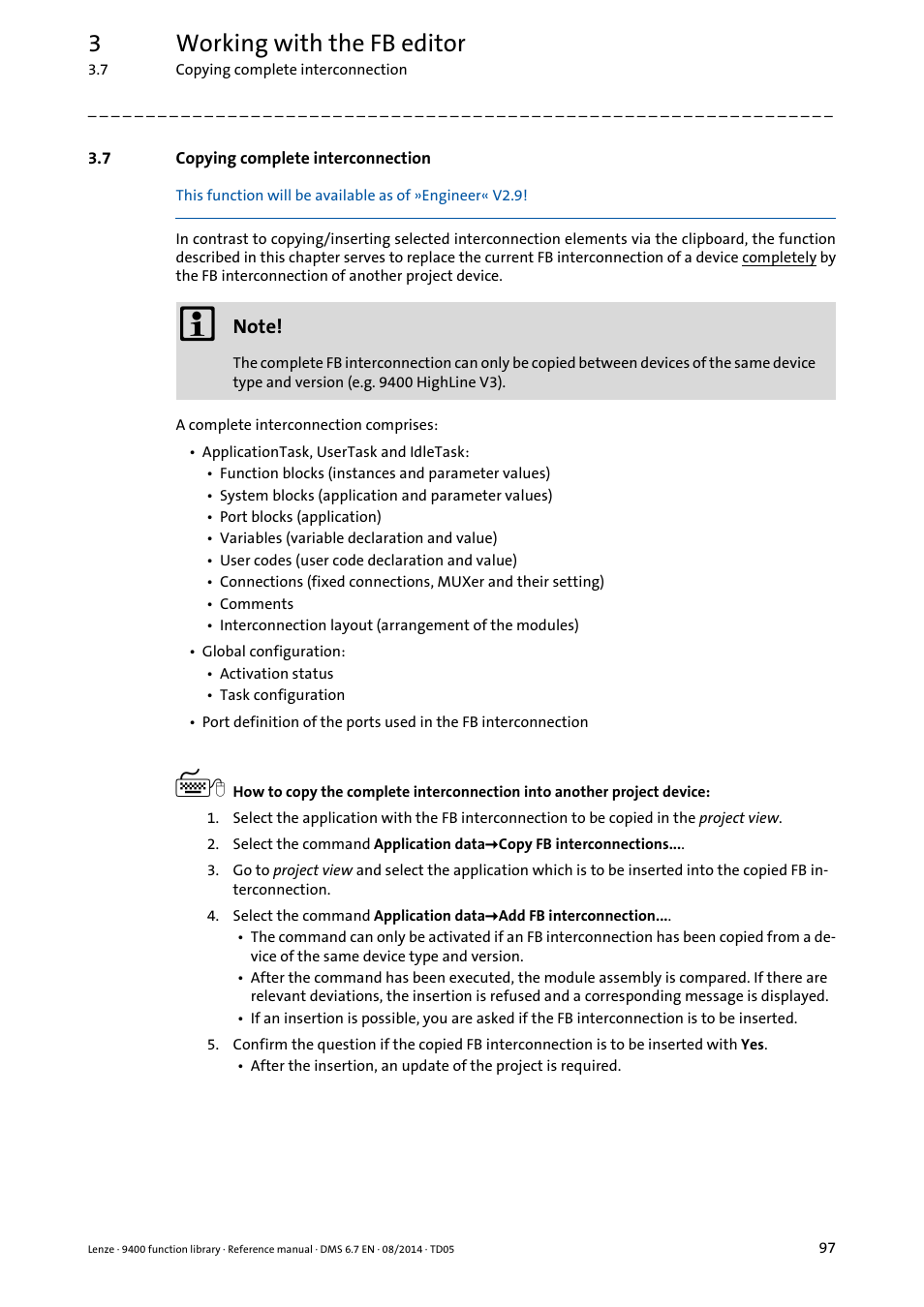 7 copying complete interconnection, Copying complete interconnection, 3working with the fb editor | Lenze E94A User Manual | Page 97 / 682