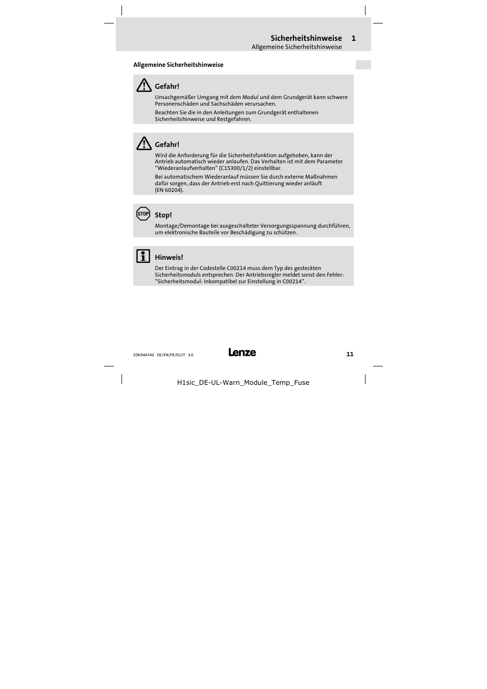 Allgemeine sicherheitshinweise | Lenze E94AYAE SM301 User Manual | Page 11 / 74