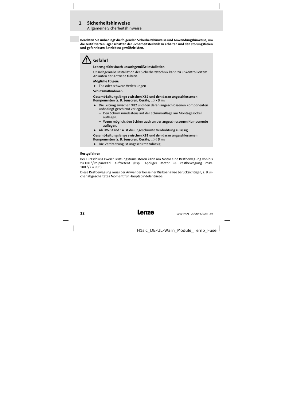 1sicherheitshinweise | Lenze E94AYAE SM301 User Manual | Page 12 / 74