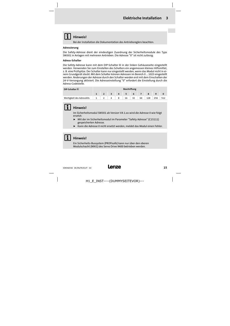 3 elektrische installation, Elektrische installation 3 | Lenze E94AYAE SM301 User Manual | Page 15 / 74