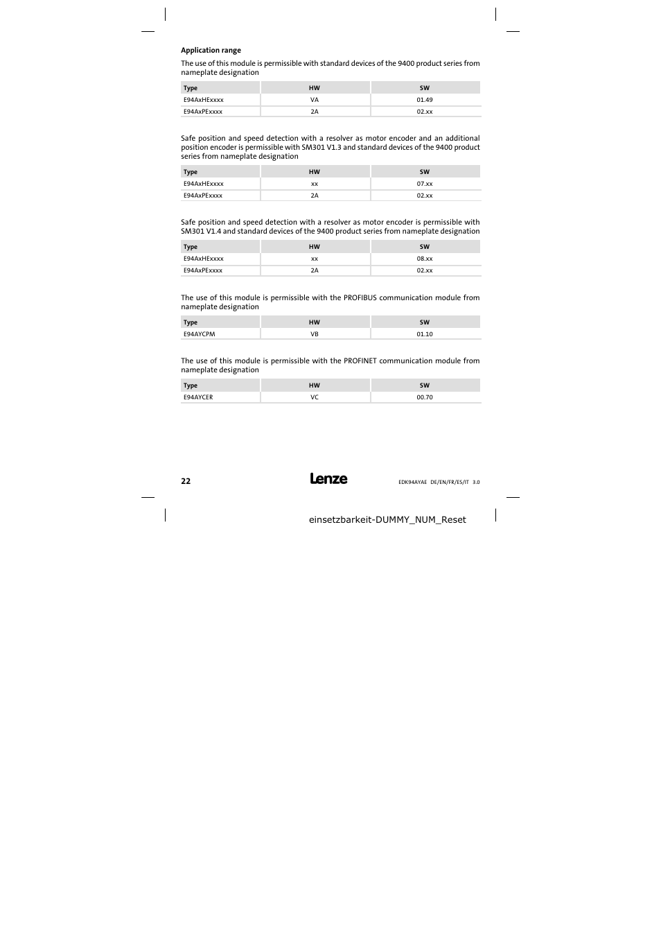 Application range | Lenze E94AYAE SM301 User Manual | Page 22 / 74