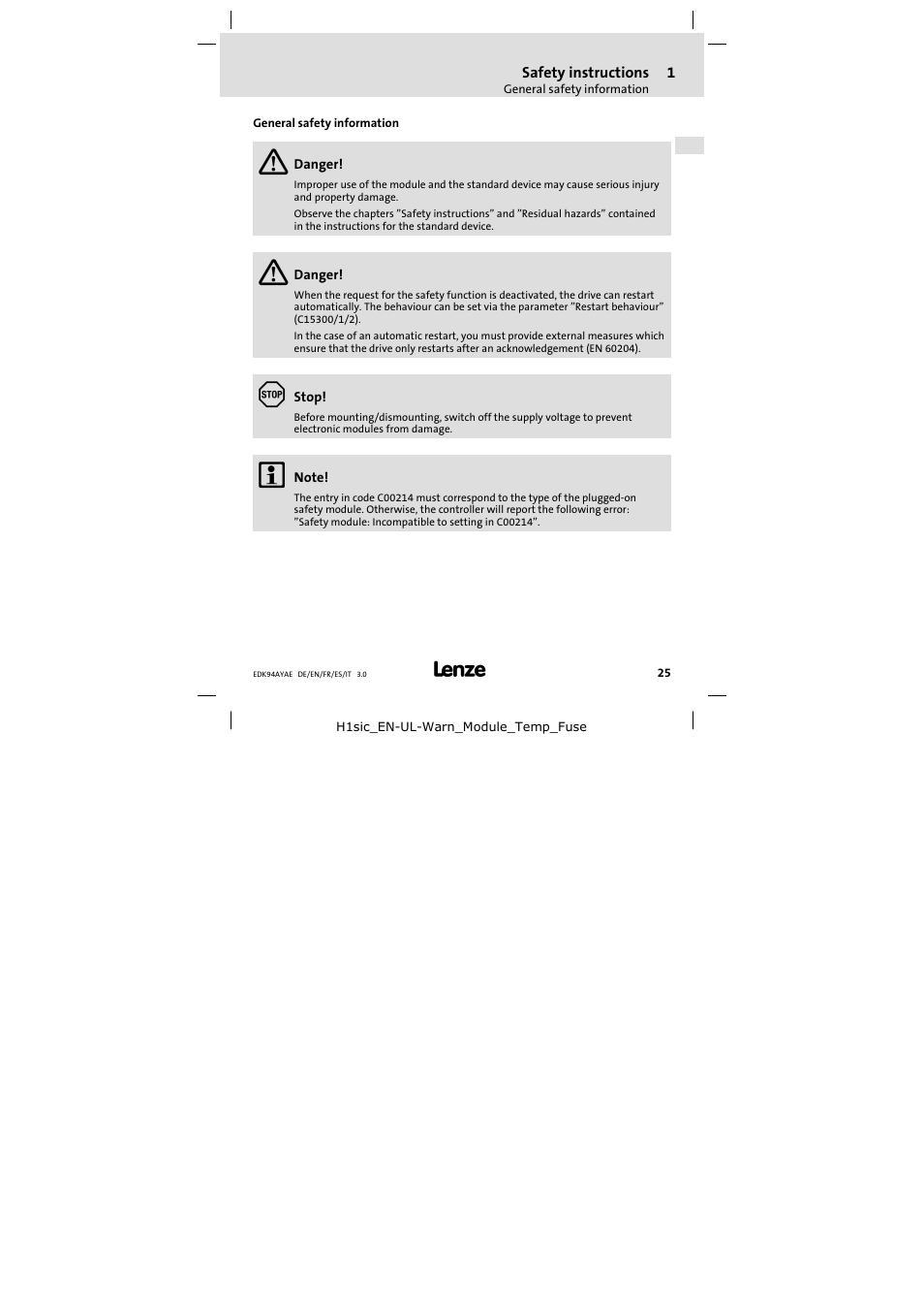 General safety information | Lenze E94AYAE SM301 User Manual | Page 25 / 74