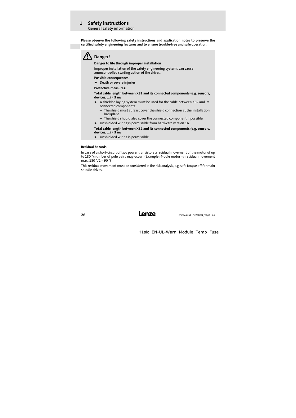 1safety instructions | Lenze E94AYAE SM301 User Manual | Page 26 / 74