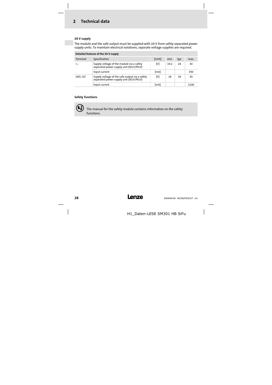 2 technical data, 2technical data | Lenze E94AYAE SM301 User Manual | Page 28 / 74