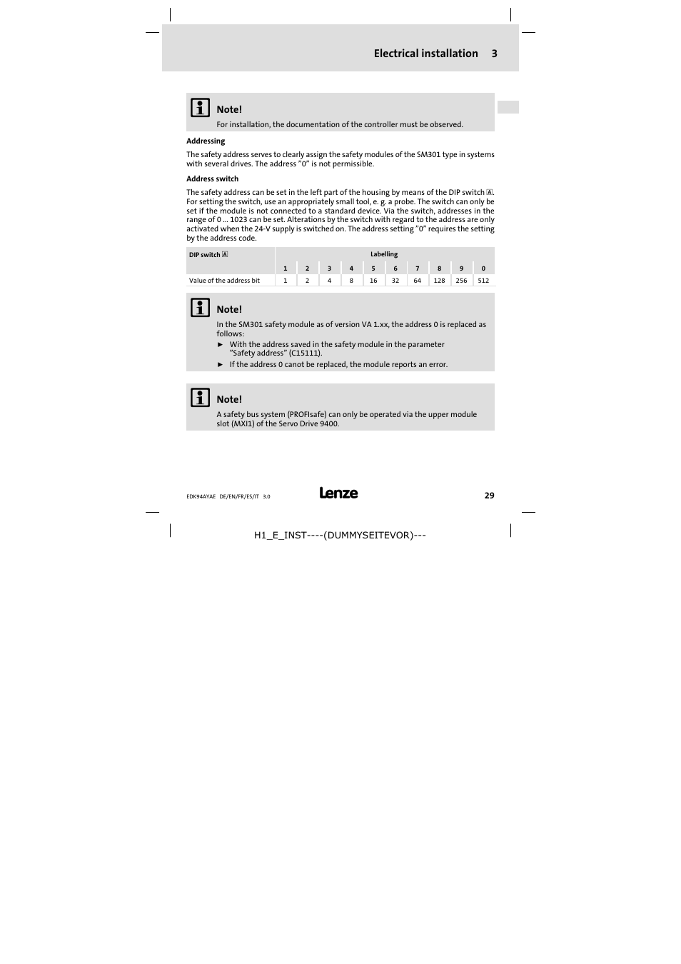 3 electrical installation, Electrical installation 3 | Lenze E94AYAE SM301 User Manual | Page 29 / 74