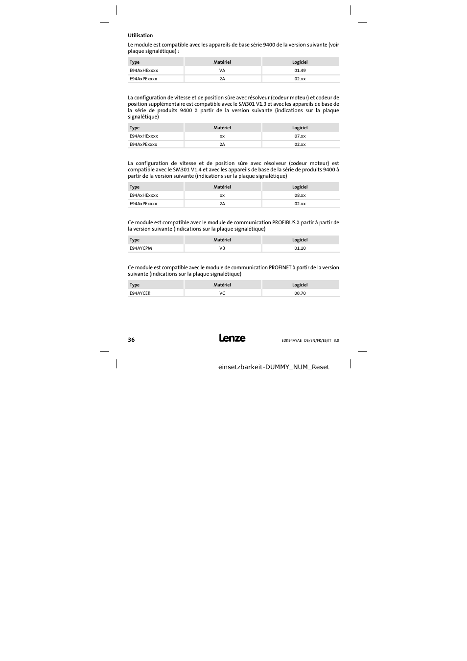 Utilisation | Lenze E94AYAE SM301 User Manual | Page 36 / 74