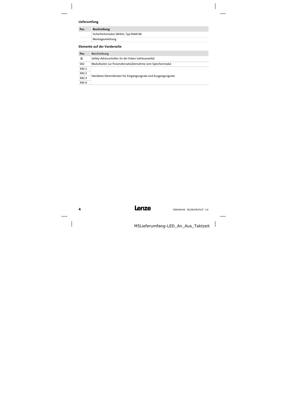 Lieferumfang | Lenze E94AYAE SM301 User Manual | Page 4 / 74
