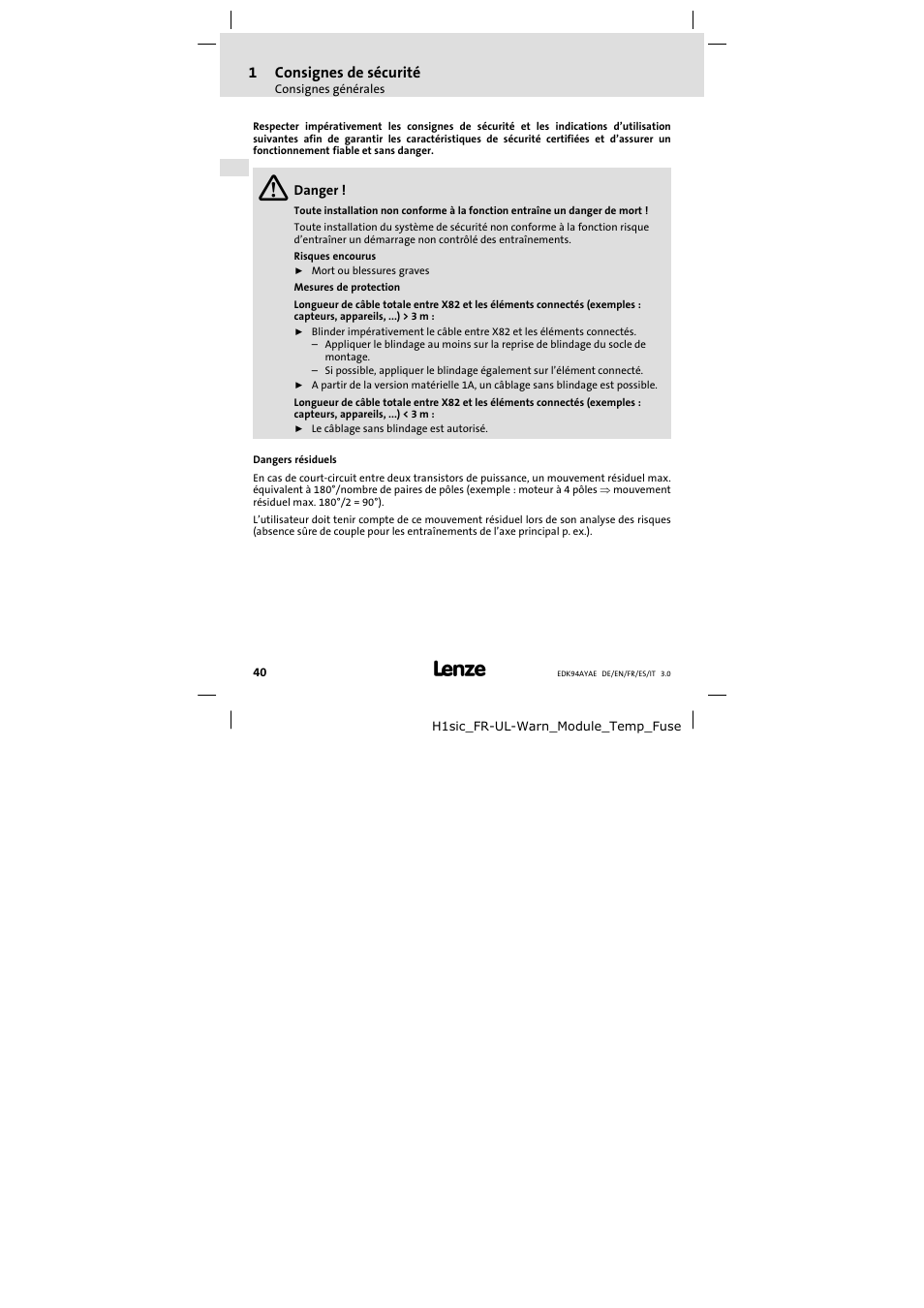 1consignes de sécurité | Lenze E94AYAE SM301 User Manual | Page 40 / 74