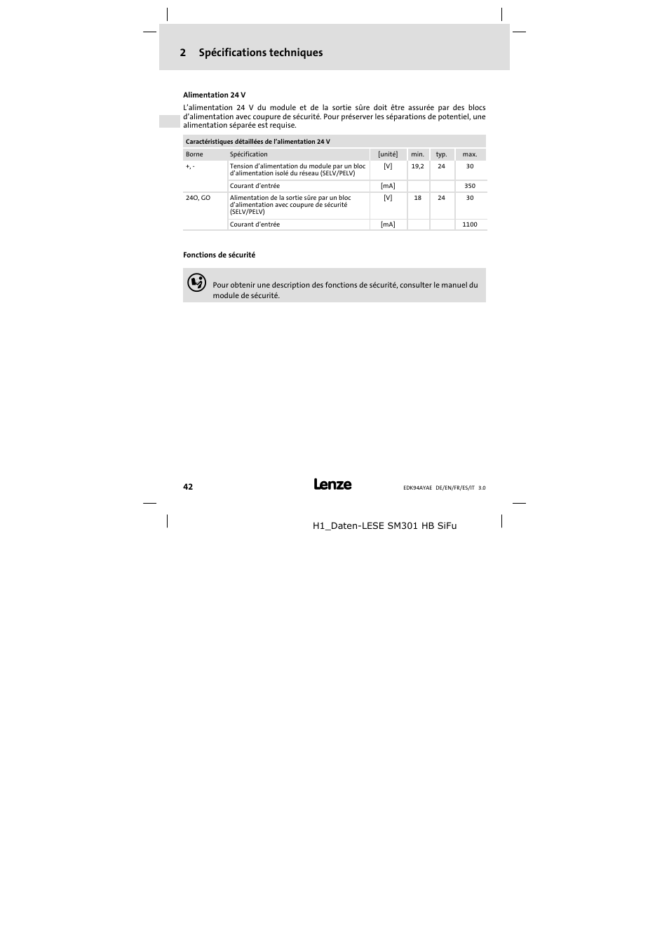 2 spécifications techniques, 2spécifications techniques | Lenze E94AYAE SM301 User Manual | Page 42 / 74