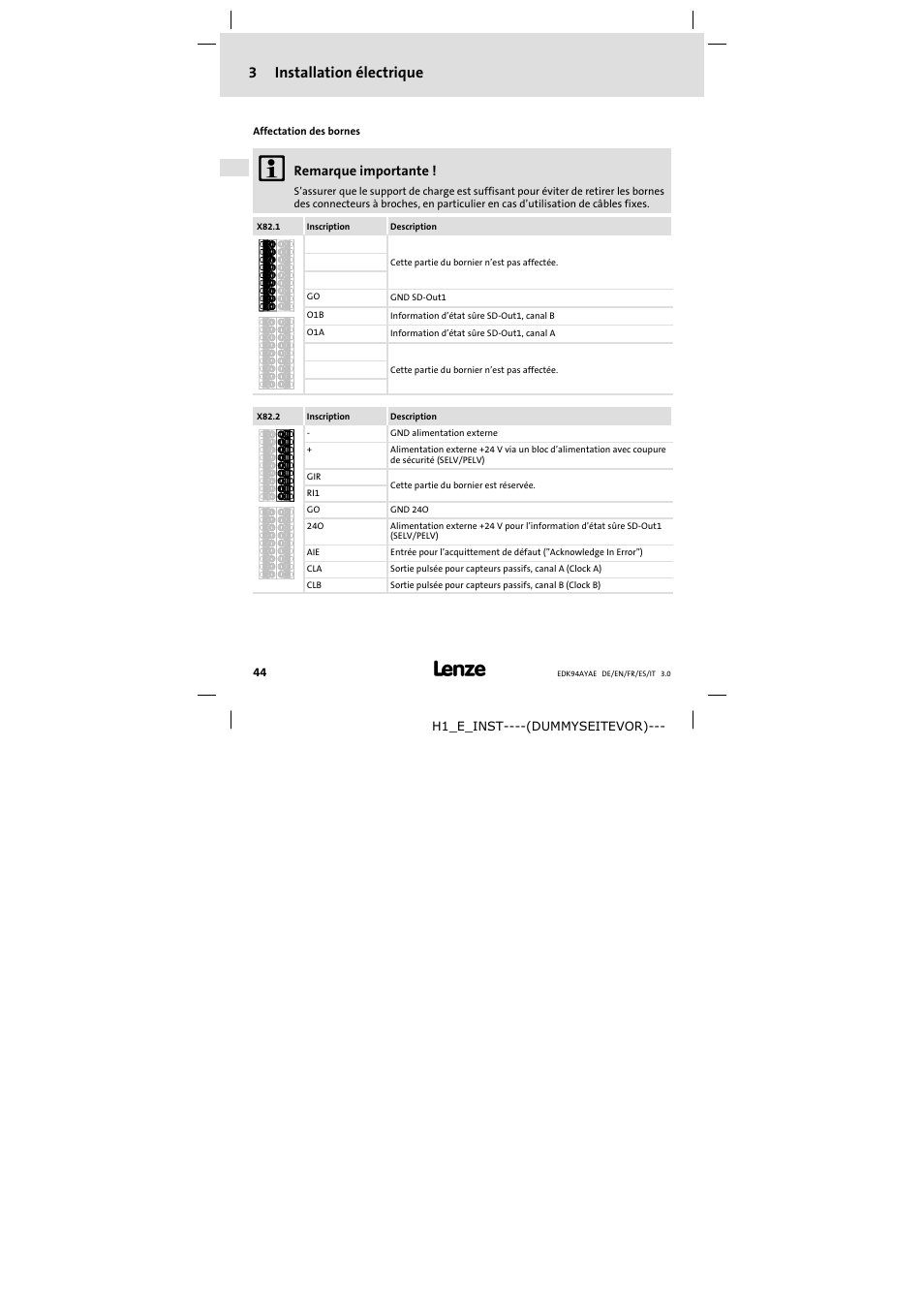 3installation électrique, Remarque importante | Lenze E94AYAE SM301 User Manual | Page 44 / 74